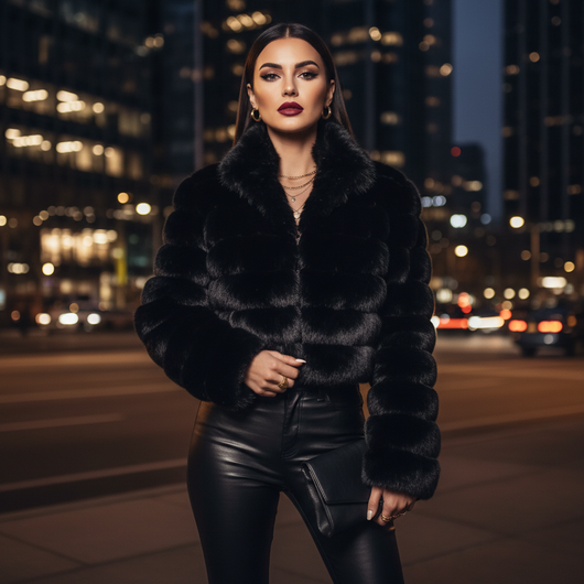 Fluffy Glam - Cropped Kunstfell-Jacke mit Stehkragen & Reißverschluss