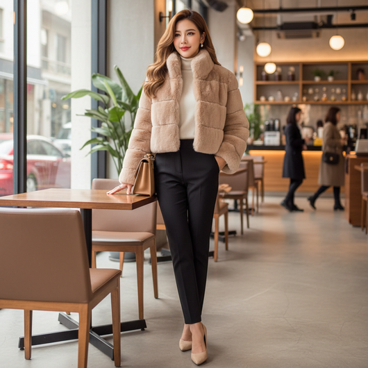 Fluffy Glam - Cropped Kunstfell-Jacke mit Stehkragen & Reißverschluss