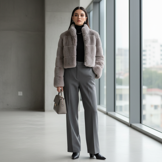 Fluffy Glam - Cropped Kunstfell-Jacke mit Stehkragen & Reißverschluss