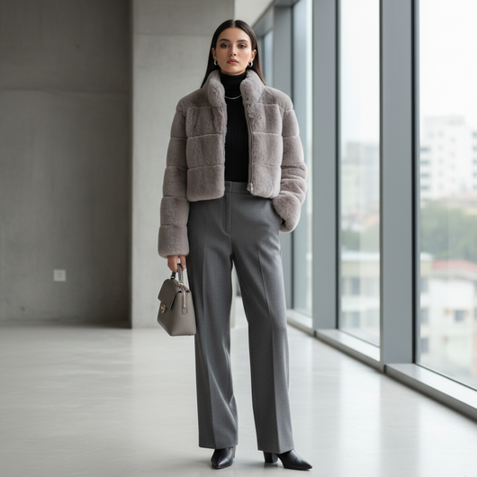 Fluffy Glam - Cropped Kunstfell-Jacke mit Stehkragen & Reißverschluss