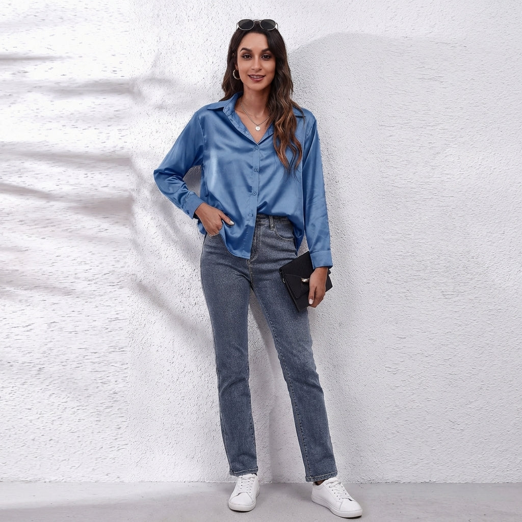 Satin Bluse Damen Langarm