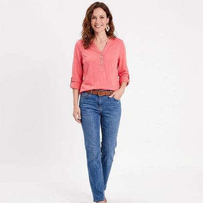 V-Neck Henley Bluse mit 3/4-Ärmeln