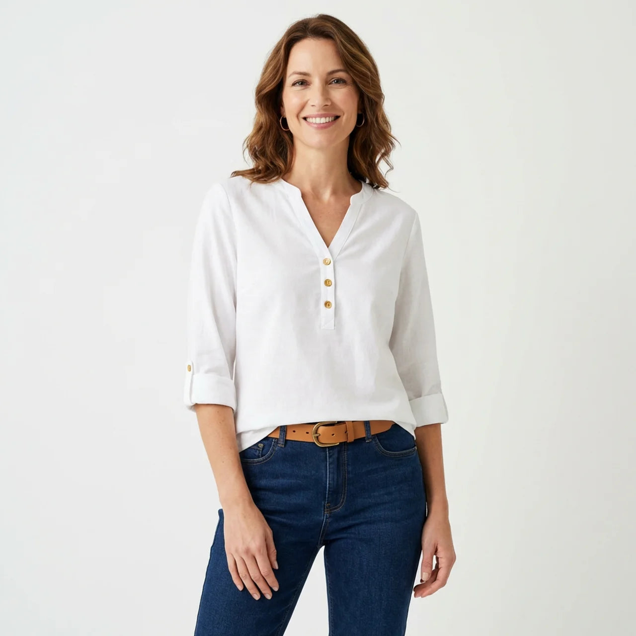 V-Neck Henley Bluse mit 3/4-Ärmeln