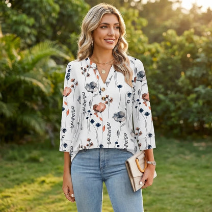 V-Neck Henley Bluse mit 3/4-Ärmeln
