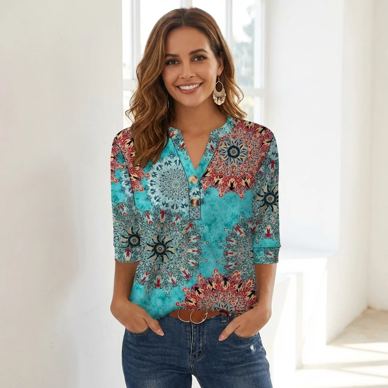 V-Neck Henley Bluse mit 3/4-Ärmeln