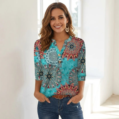 V-Neck Henley Bluse mit 3/4-Ärmeln