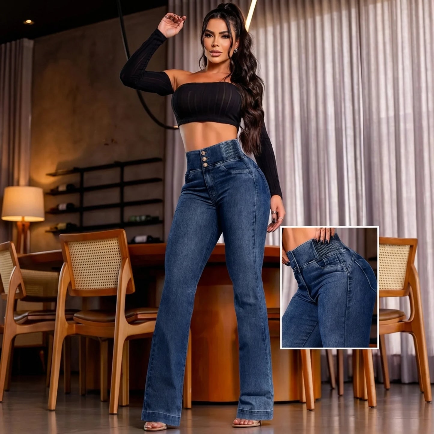 Schmal geschnittene Bootcut-Jeans mit hohem Bund