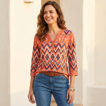 V-Neck Henley Bluse mit 3/4-Ärmeln