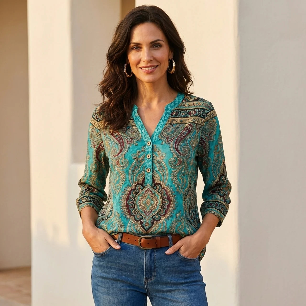 V-Neck Henley Bluse mit 3/4-Ärmeln