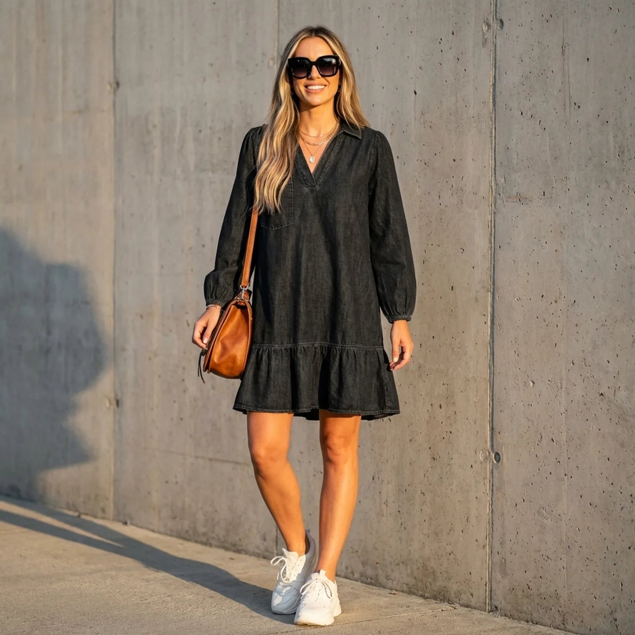 V-Neck Denim Kleid