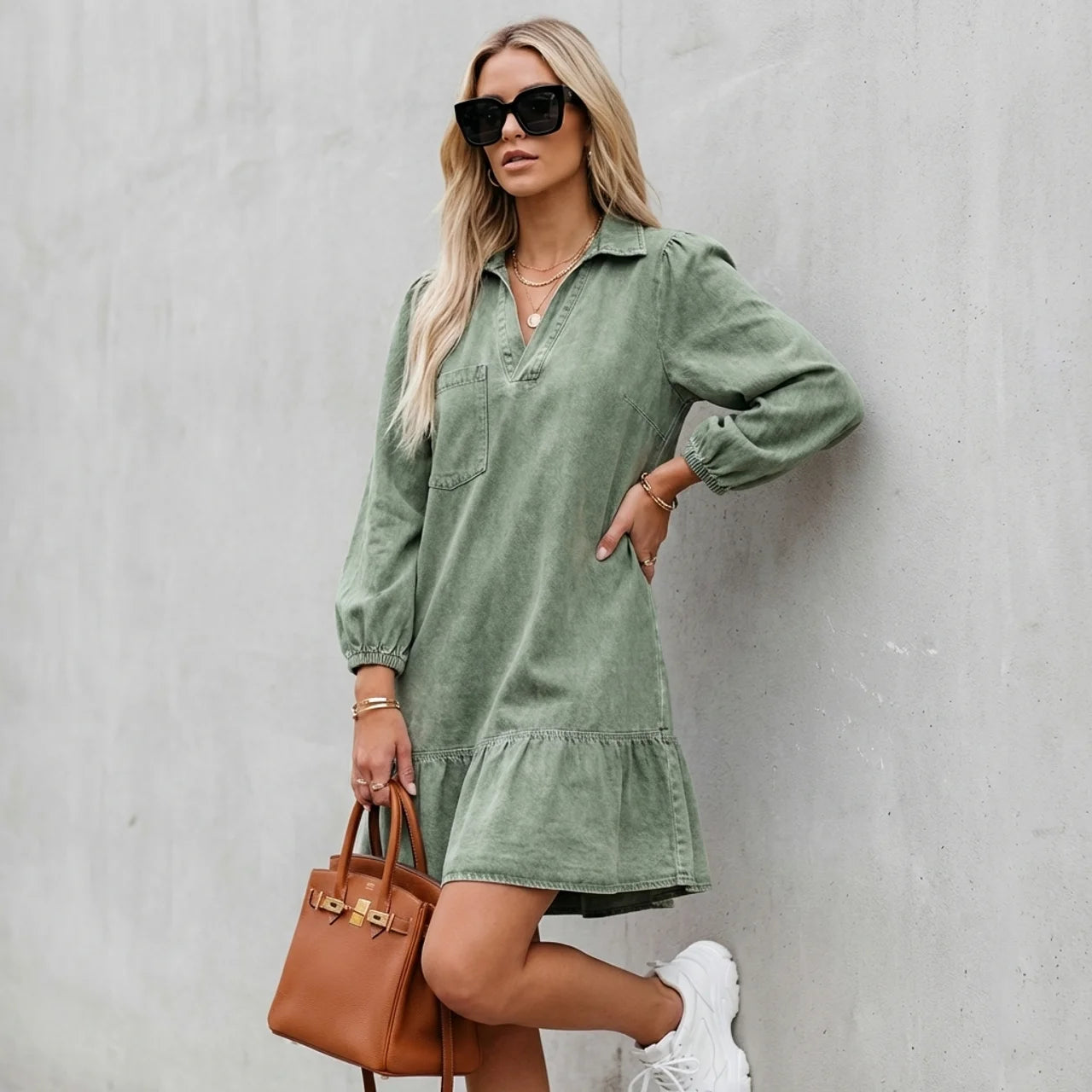 V-Neck Denim Kleid
